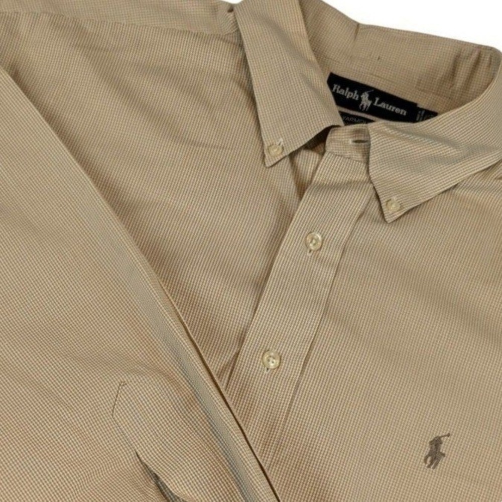 Ralph Lauren Yarmouth Mens 17.5 32/33 Tan Micro Check Cotton Button Down Shirt